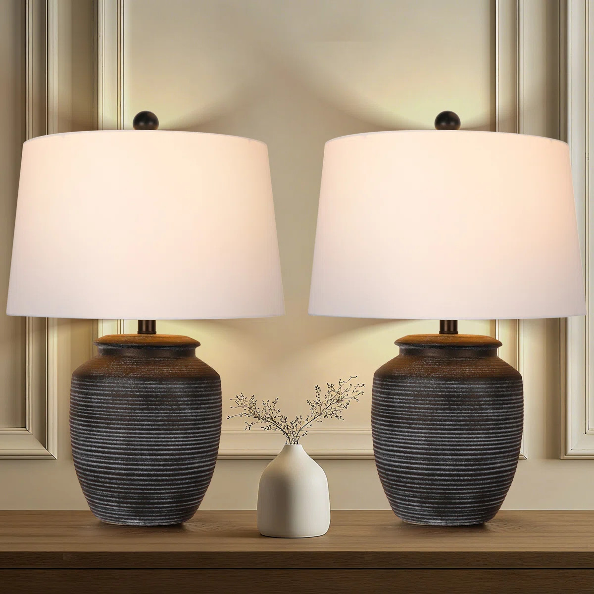 28in Rustic Black Ceramic Pot Table Lamps Set Of 2 For Living Room, Dining, Home Office | Wayfair North America