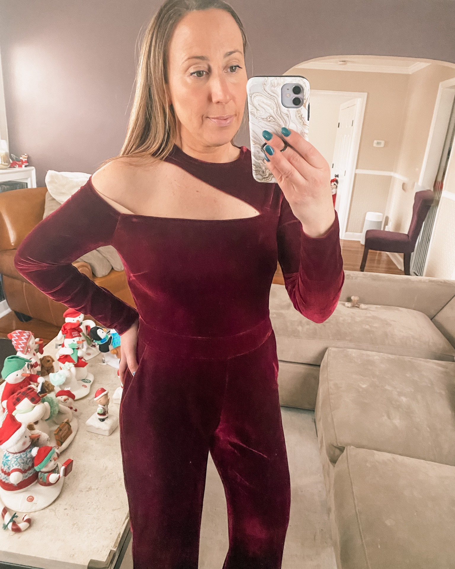 Holiday party outfit idea. I love this burgundy velvet and the shoulder cutout.  This comes in a jumper style like this or also a dress style. Both linked. 
 #outfit #holidayoutfit #partyoutfit #party #style


#LTKGiftGuide #LTKover40 #LTKHoliday