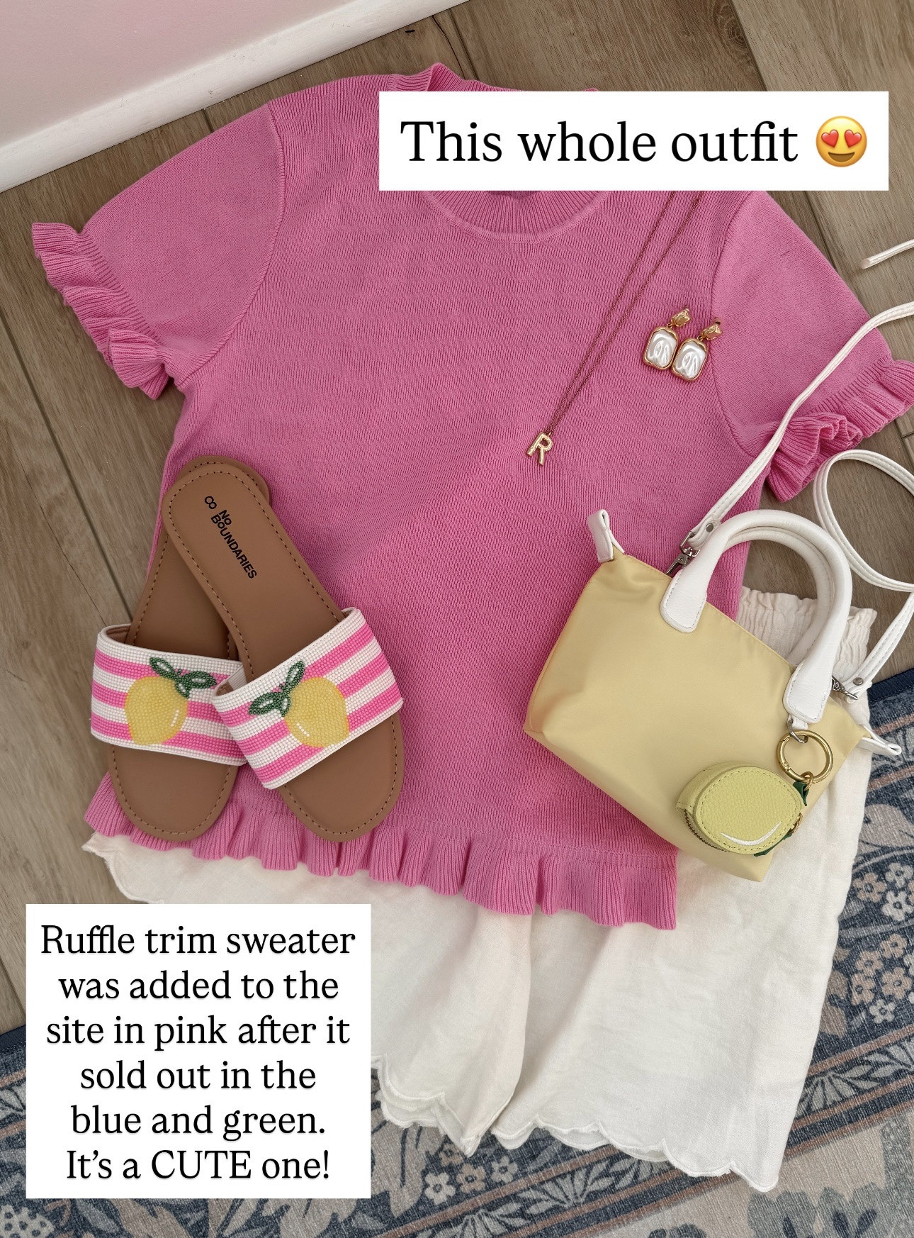 This whole outfit 😍🍋 the CUTEST new Walmart look for spring & summer! The ruffle trim sweater just hit the site in pink after selling out in blue and green—and it’s already going fast 🙌🏼 The fit is so flattering and that feminine ruffle detail makes it feel way more high-end 💕

Paired it with these easy white shorts (not see-through 👏🏼), the sweetest lemon detail slides, and a pop of sunshine with this mini bag 🍋✨ such a fun, bright everyday outfit that’s perfect for errands, brunch, or vacation!

Everything is affordable, comfortable, and looks SO much more expensive than it is—run before this one sells out too!

#walmartfashion #walmartfinds #walmartstyle #springoutfits #summeroutfits #affordablefashion #budgetstyle #momstyle #everydayoutfits #ootd #colorfulstyle #lemonprint #sandalszn #casualstyle #walmartnewarrivals

#LTKPetite #LTKootd
