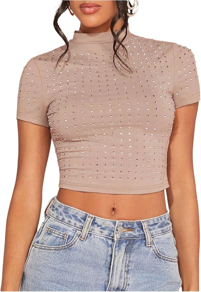 WDIRARA Women's Y2k Rhinestone Crop Tops Mock Neck Short Sleeve Slim Fit Tee Shirt | Amazon (US)