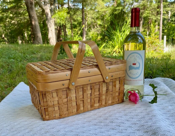 Vintage Bamboo Picnic Basket Double Folding Handle Boho - Etsy | Etsy (US)