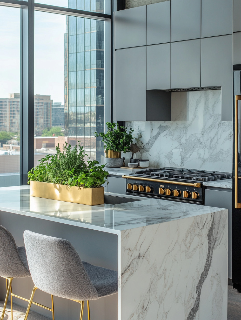 Simple. Refined. Elevated. ✨

This is how you style an elegant kitchen island without overcomplicating it.

Start with a marble waterfall island — clean lines, strong presence, timeless foundation.

Pair it with:
• Soft gray high chairs with subtle gold legs
• A black and gold statement stove
• Matching black appliances for cohesion

And then the detail that changes everything —
A gold rectangular planter filled with fresh herbs.

Not just decor.
Living, nourishing beauty.

The contrast works perfectly:
Cool gray cabinetry.
Warm gold accents.
Bold black appliances.
Fresh green herbs.

It’s modern, but not cold.
Luxurious, but not loud.
Minimal, but intentional.

Kitchen island styling rule:
One statement piece.
Balanced metals.
A touch of life.

That’s all you need.

#ElegantKitchen #KitchenIslandStyle #ModernLuxury #BlackAndGold #MarbleKitchen #HomeInspiration #ElegantAndDriven 

 #LTKHome