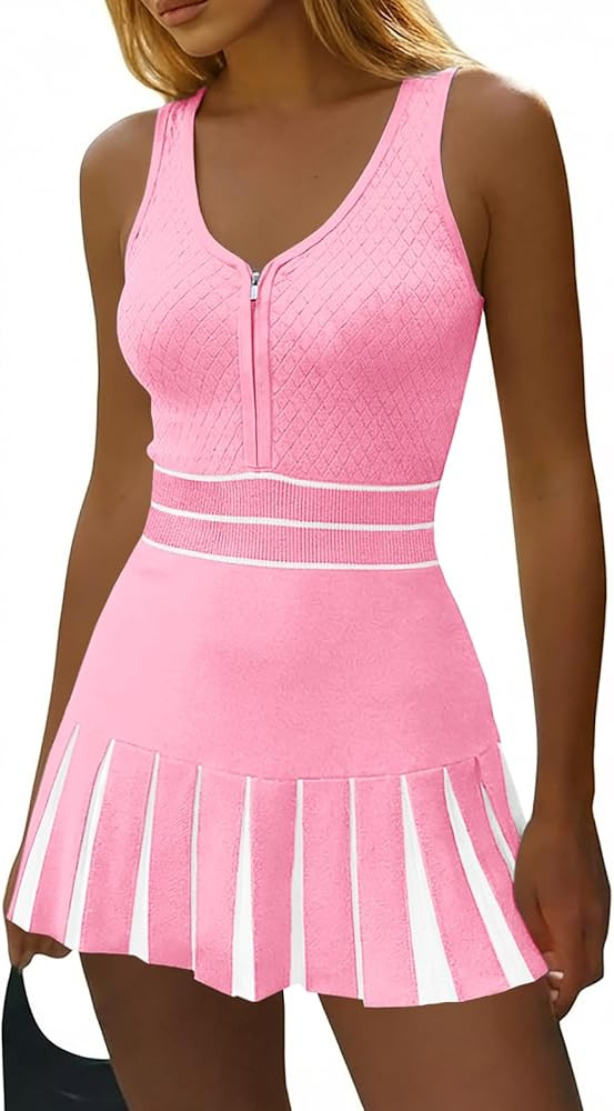 Amazon.com: Fisoew Womens Tennis Mini Dress Summer Sleeveless Half Zipper Elastic Waist Athletic ... | Amazon (US)