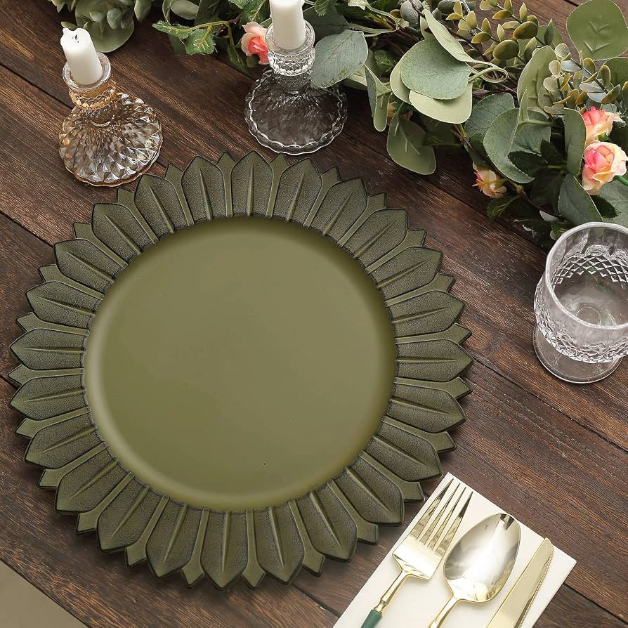 Efavormart 6 Pack | 13" Matte Olive Green Sunflower Plastic Dinner Charger Plates, Disposable Rou... | Amazon (US)