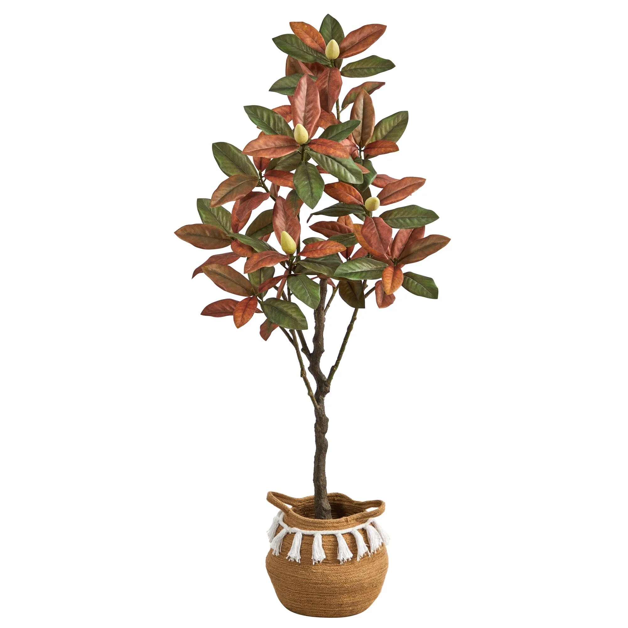 5’ Artificial Fall Magnolia Tree with Handmade Jute & Cotton Basket with Tassels | Nearly Natur... | Nearly Natural