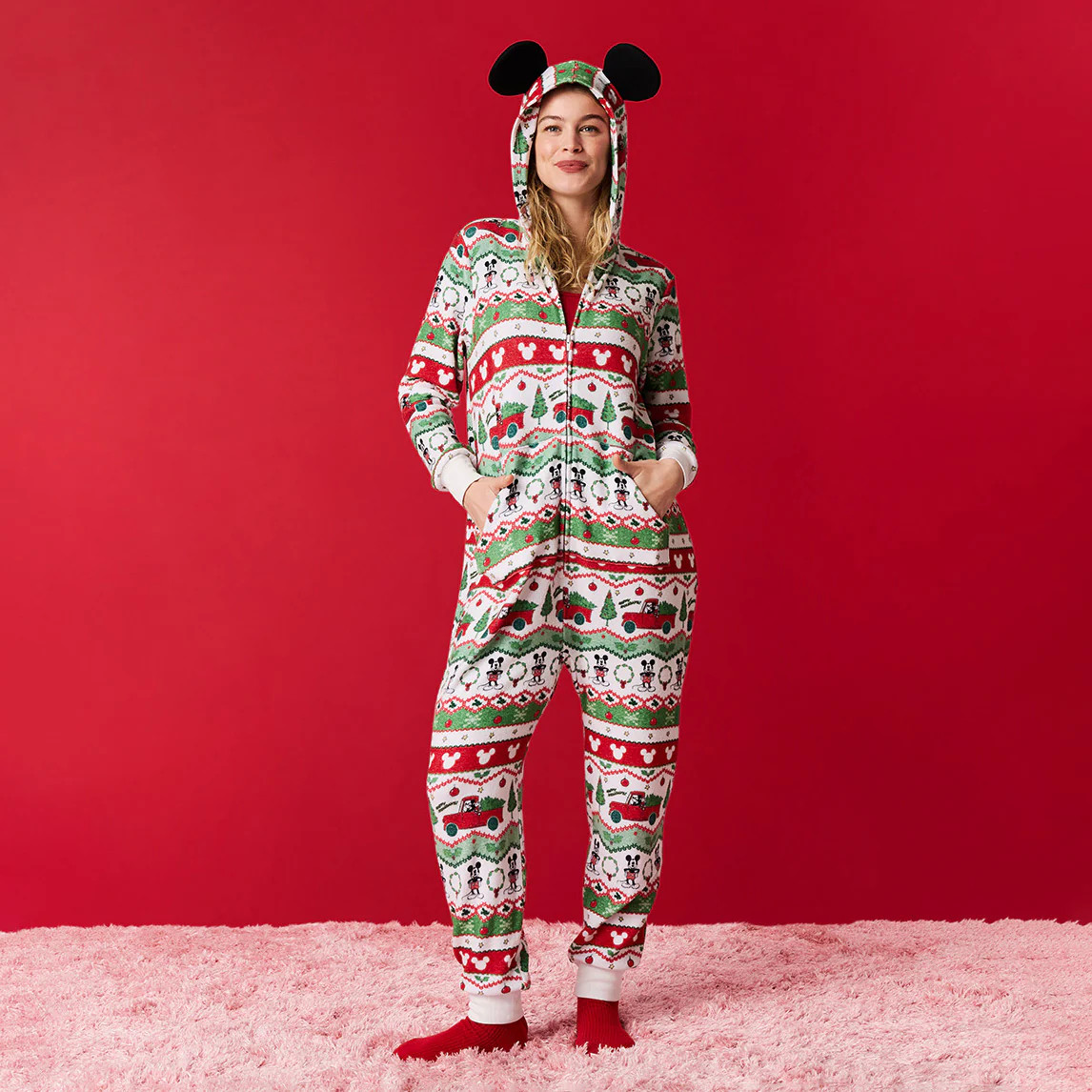 Mickey Mouse Red Daywear Disney Mickey Fair Isle Women's Pacci Hooded Jumpsuit | Posh Peanut® | Posh Peanut