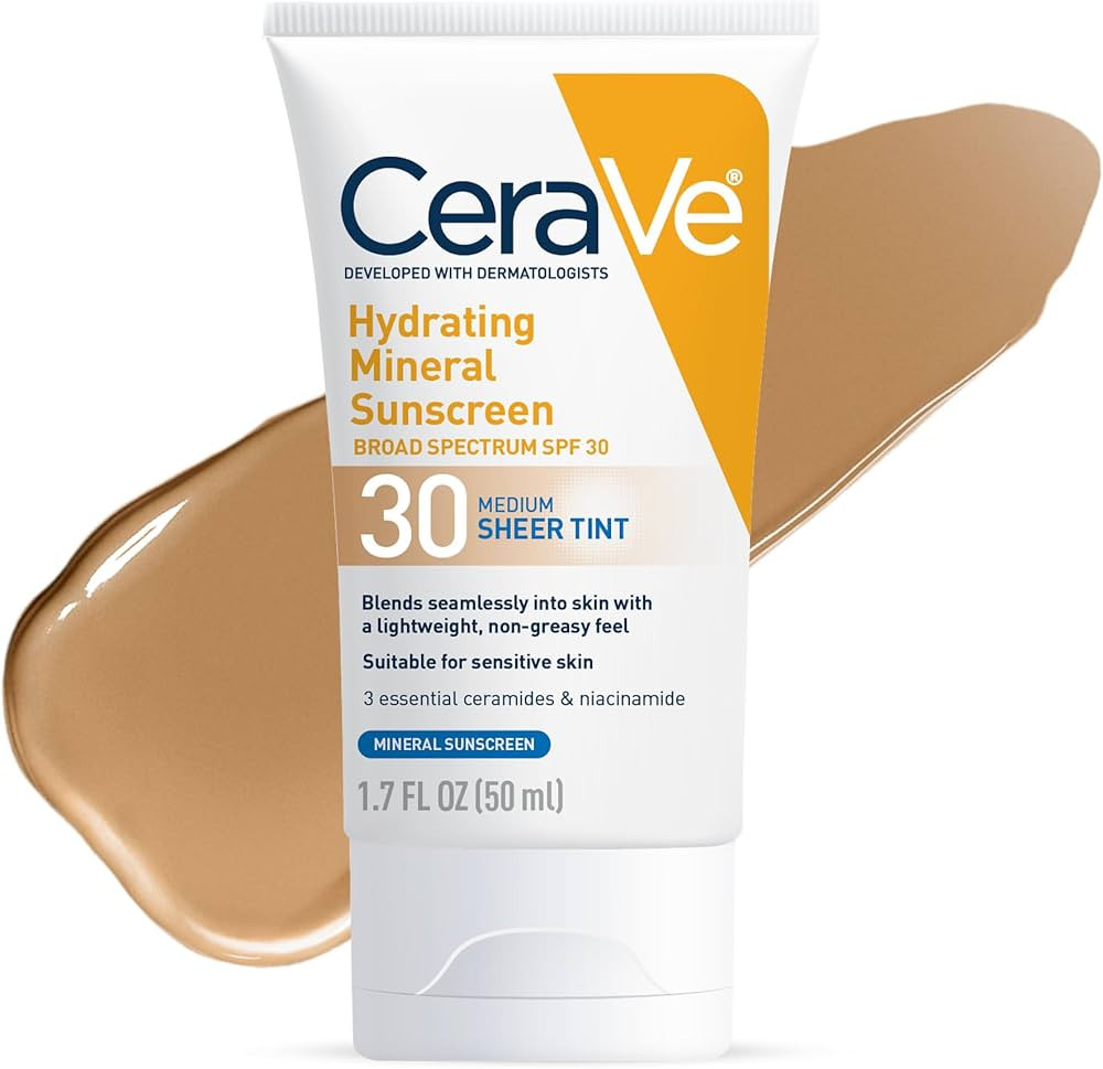 CeraVe Hydrating Mineral Sunscreen SPF 30 with Sheer Tint, Tinted Mineral Sunscreen with Zinc Oxi... | Amazon (US)
