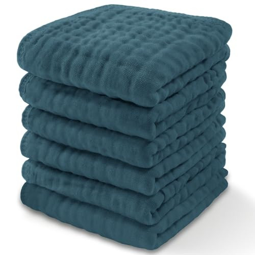 Baby Washcloths, Muslin Cotton Baby Towels, 6 Pack -Large 10”x10” Wash Cloths Soft on Sensitive Skin, Absorbent for Boys & Girls, Newborn Baby & Toddlers Bibs & Burp Cloths Essentials Set, Neptune | Amazon (US)