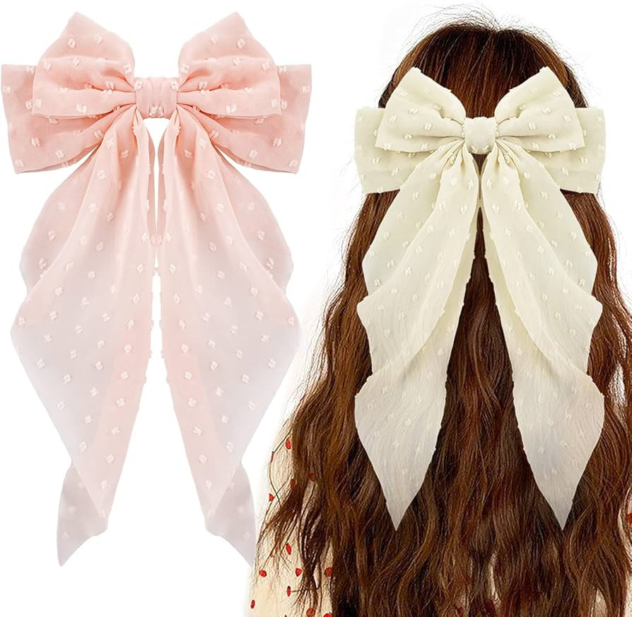 Big Bow Hair Clips 2pcs, Long Tail French Barrette for Women Girl, Pink Beige Soft Hair Accessori... | Amazon (US)