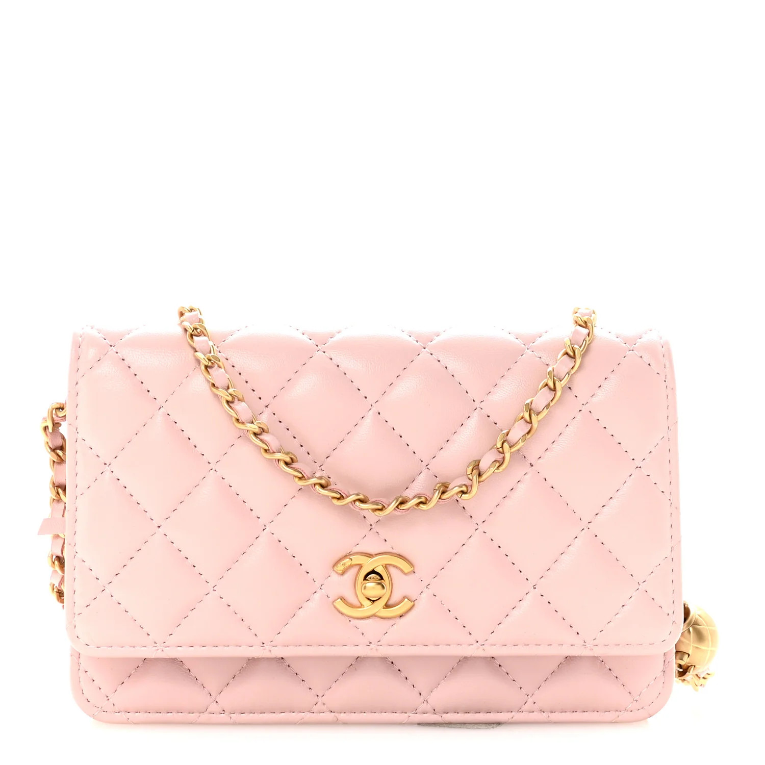 Lambskin Quilted CC Pearl Crush Wallet on Chain WOC Light Pink | FASHIONPHILE (US)