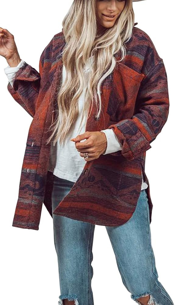 Heltapy Womens Aztec Shacket Jacket Loose Vintage Boho Wool Blend Coat Button Down Shirt Tops | Amazon (US)