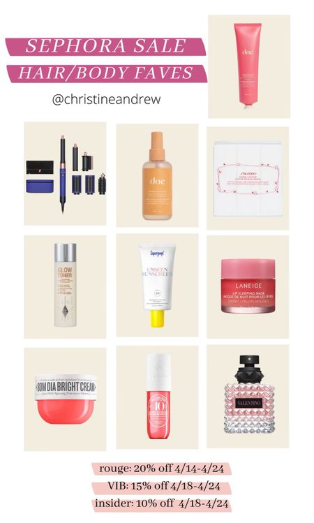 Sephora sale hair & body favorites ✨ Some of my all time favorite beauty products are 20% off with code SAVENOW for rouge members starting today! The sale opens up for VIB & Insiders on 4/18. 

The Dyson airwrap hardly ever goes on sale and is $100 off with the sale 😍

Sephora sale; beauty sale; beauty favorites; dyson airwrap; dae hair; face sunscreen; Christine andrew 

#LTKBeautySale #LTKsalealert #LTKbeauty
