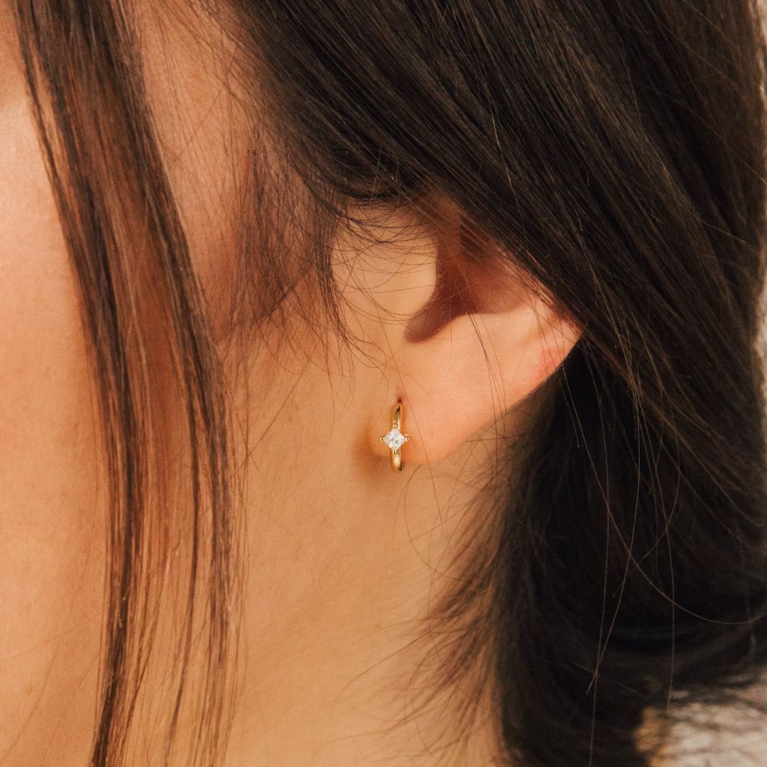 Diamond Huggie Earrings by Caitlyn Minimalist • Small Diamond Hoop Earrings • Minimalist Earr... | Etsy (US)