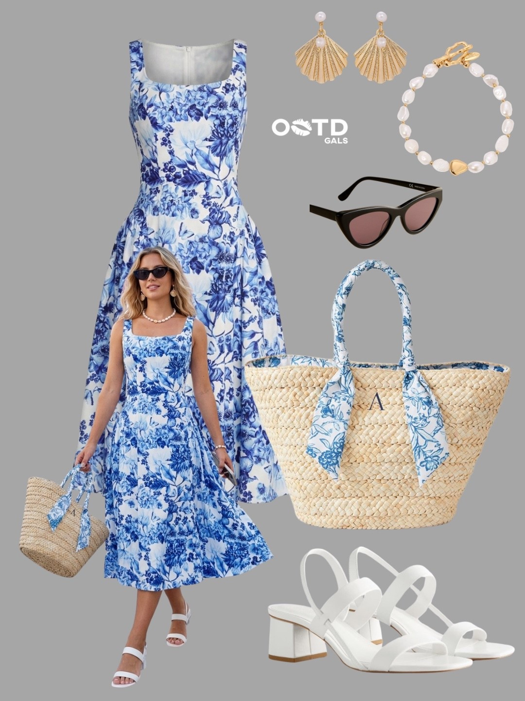 Blue and white is a summer classic that never goes out of style 💙🤍

This beautiful floral dress feels elegant, feminine, and effortlessly sophisticated with its timeless porcelain-inspired print.

✨ Style Details:
• Blue and white floral midi dress with a flattering fitted bodice  
• Woven straw tote featuring matching printed scarf details  
• White block heel sandals for comfort and elegance  
• Pearl bracelet and statement shell-inspired earrings adding a refined touch  
• Chic cat-eye sunglasses for a polished finish  
• Soft gold accents bringing warmth to the cool blue palette  

The combination of crisp white, vibrant cobalt blue, natural straw textures, and pearl jewelry creates a look that feels fresh, romantic, and vacation-ready ✨

Perfect for garden parties, bridal showers, vacations, brunch dates, summer weddings, or seaside dinners.

#LTKeurope #LTKsummer #LTKstyletip