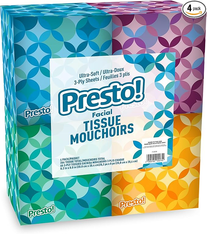 Amazon Brand - Presto! Ultra-Soft 3-Ply Premium Facial Tissues, 264 Count (4 Cube Boxes of 66), P... | Amazon (US)