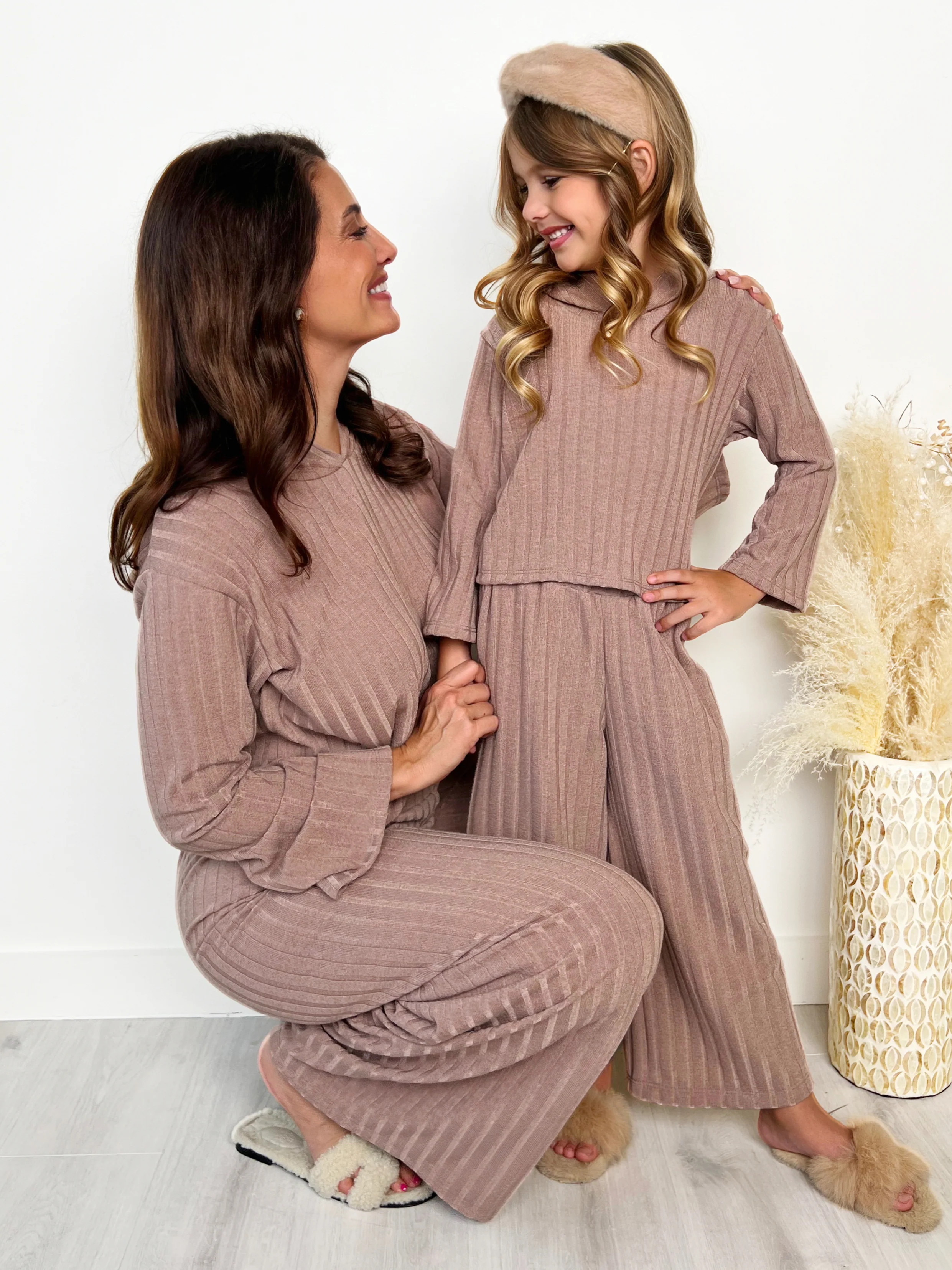 Mommy and Me Cozy Beige Ribbed Hooded Pant Set | Mia Belle Girls