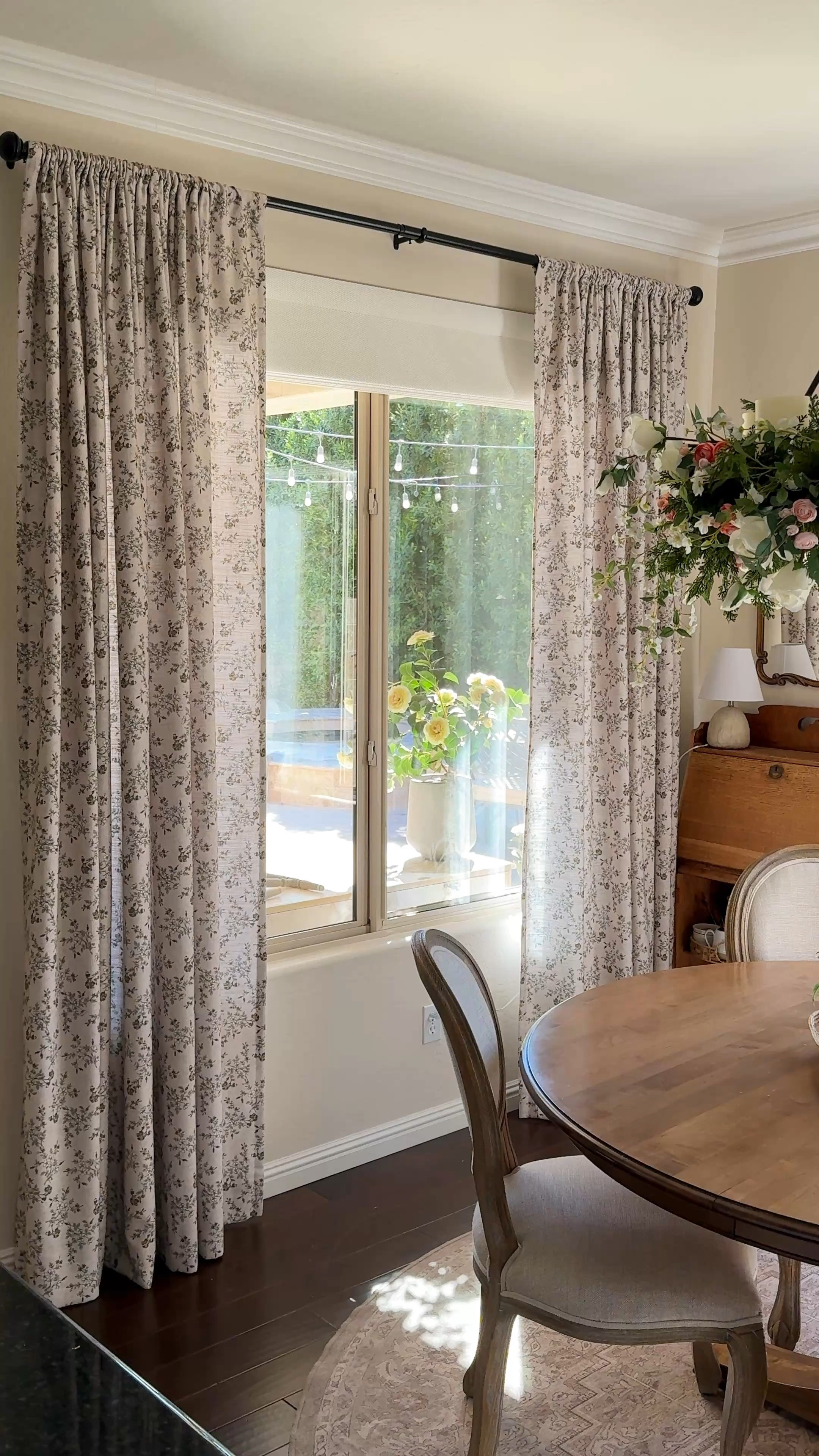 My custom floral Two Pages Curtains Details: 

Use discount code JOYFUL 
Sara Le Print Linen Drapery 
Soft Top - Rod Pocket
Porcelain SL-J8
Privacy lining, shading 60%-80%, 90 gsm microfiber

Dining table is from Ethan Allen
Chairs are from Arhaus but they no longer carry this exact version.

Custom curtains, washable rug, vintage floral curtains, motorized Roman shades, round dining table, French country chairs, dining chairs 



#LTKHome