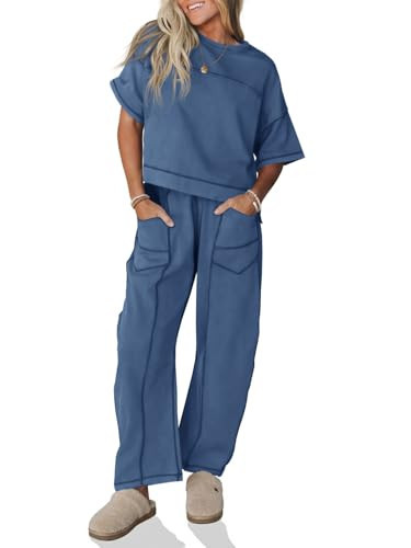 Fisoew Womens 2 Piece Outfits Lounge Sets Short Sleeve Tops and Wide Leg Pants Travel Vacation Casual Matching Sets | Amazon (US)