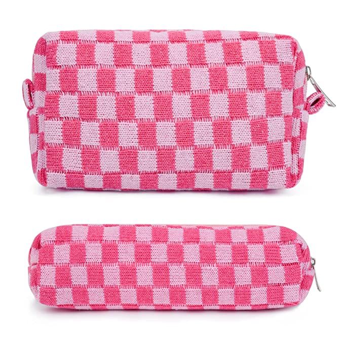 SOIDRAM Makeup Bag Checkered Cosmetic Bag Pink Makeup Pouch 1Pcs Large Capacity Makeup Bags and 1... | Amazon (US)