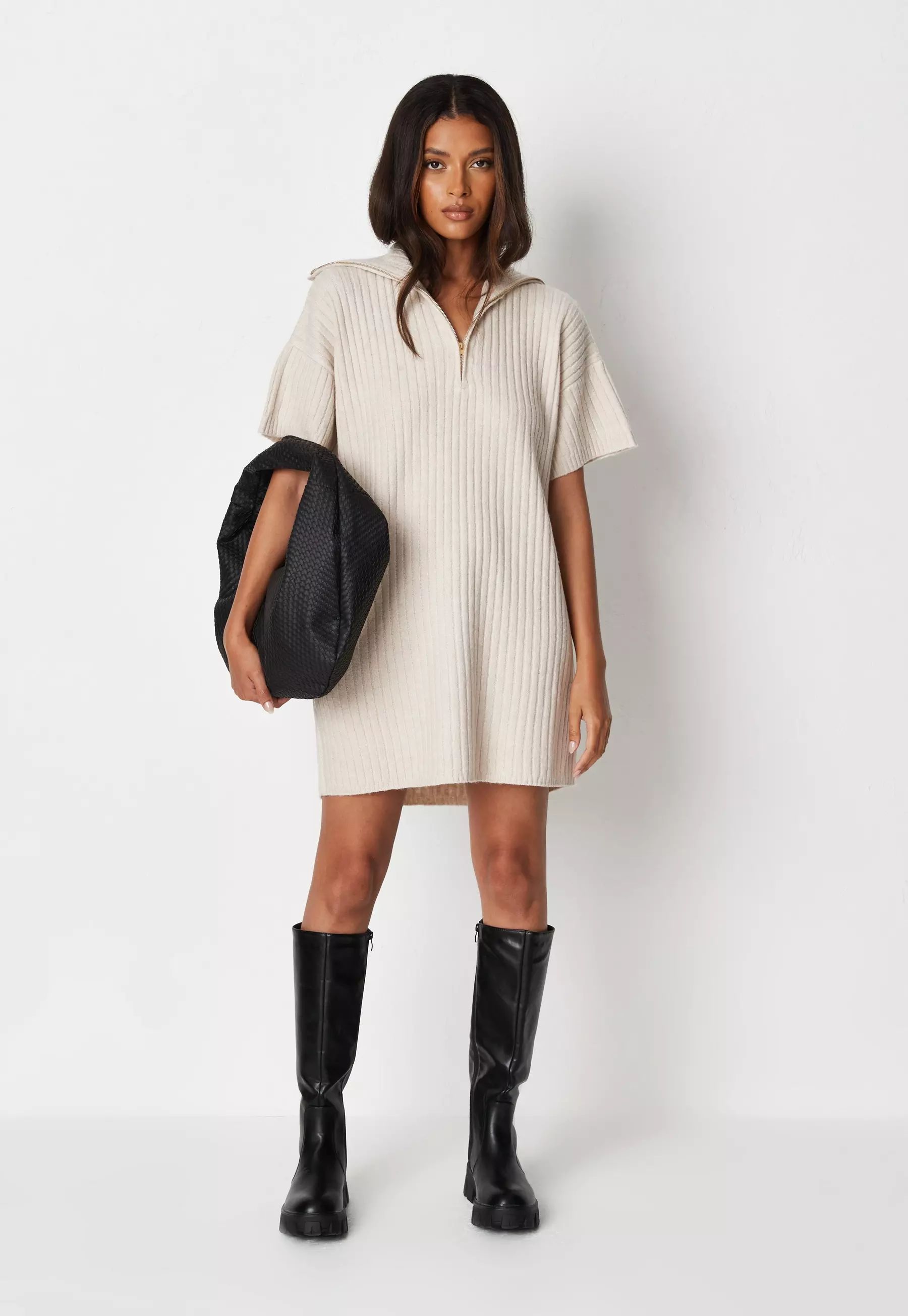 Missguided - Cream Rib Knit Collared Half Zip Mini Dress | Missguided (US & CA)