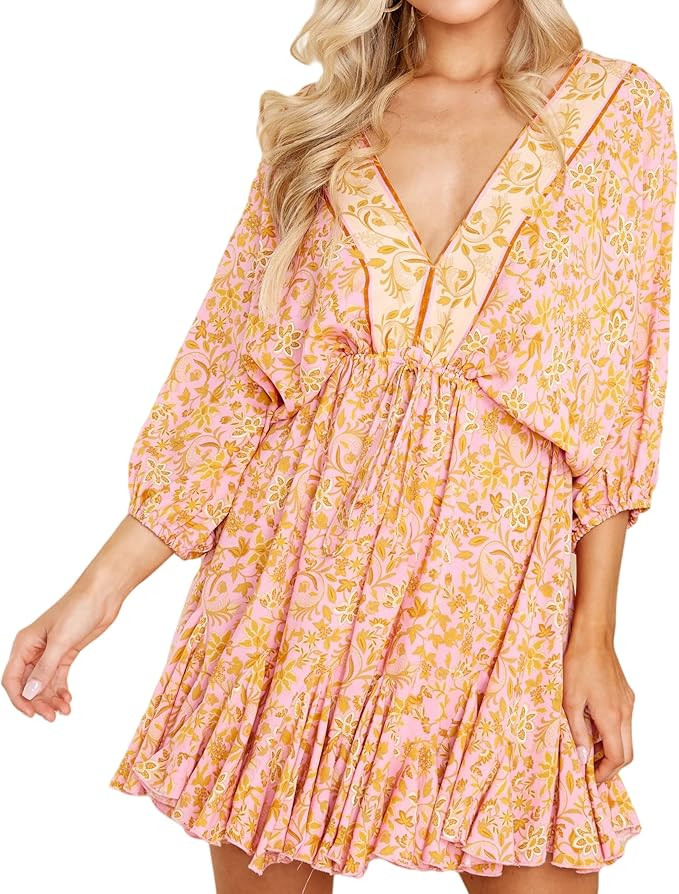 R.Vivimos Womens Summer Floral Dress 3/4 Sleeve Deep V Neck Boho Drawstring Backless Swing Mini D... | Amazon (US)