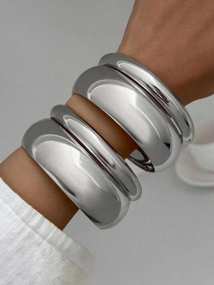 4pcs Oversized Minimalist Plain Chunky Bangle Bracelet Set, Fashion Simple Elegant Vintage Design... | SHEIN