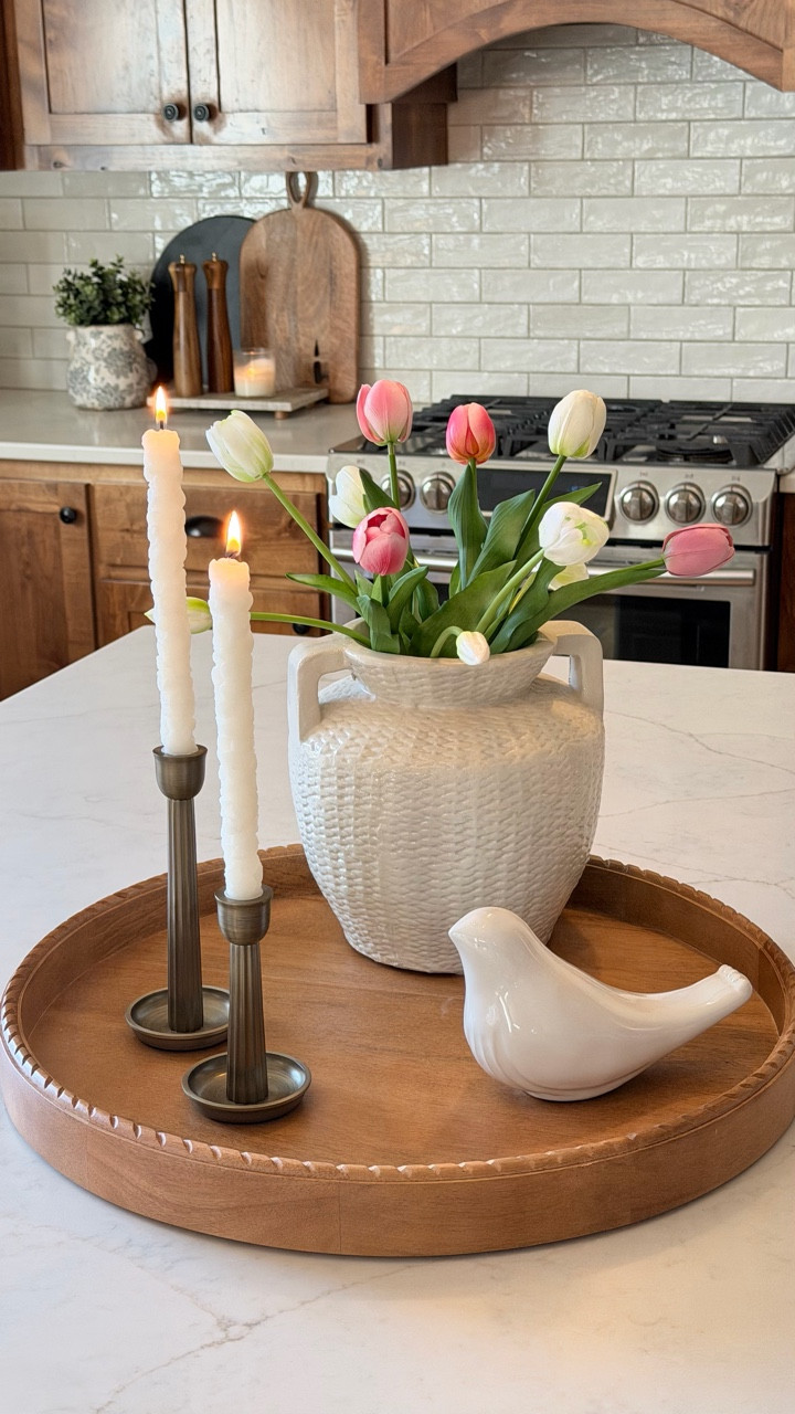 Maybe it’s not spring outdoors just yet, but inside this kitchen? It’s already blooming.🌷These realistic faux tulips and beautiful ivory bird create a classic, seasonal centerpiece that's here to stay! Who else is ready for spring to arrive? 

✨If timeless and simple decor is your vibe, please follow for more inspiration. 

#LTKSeasonal #LTKHome