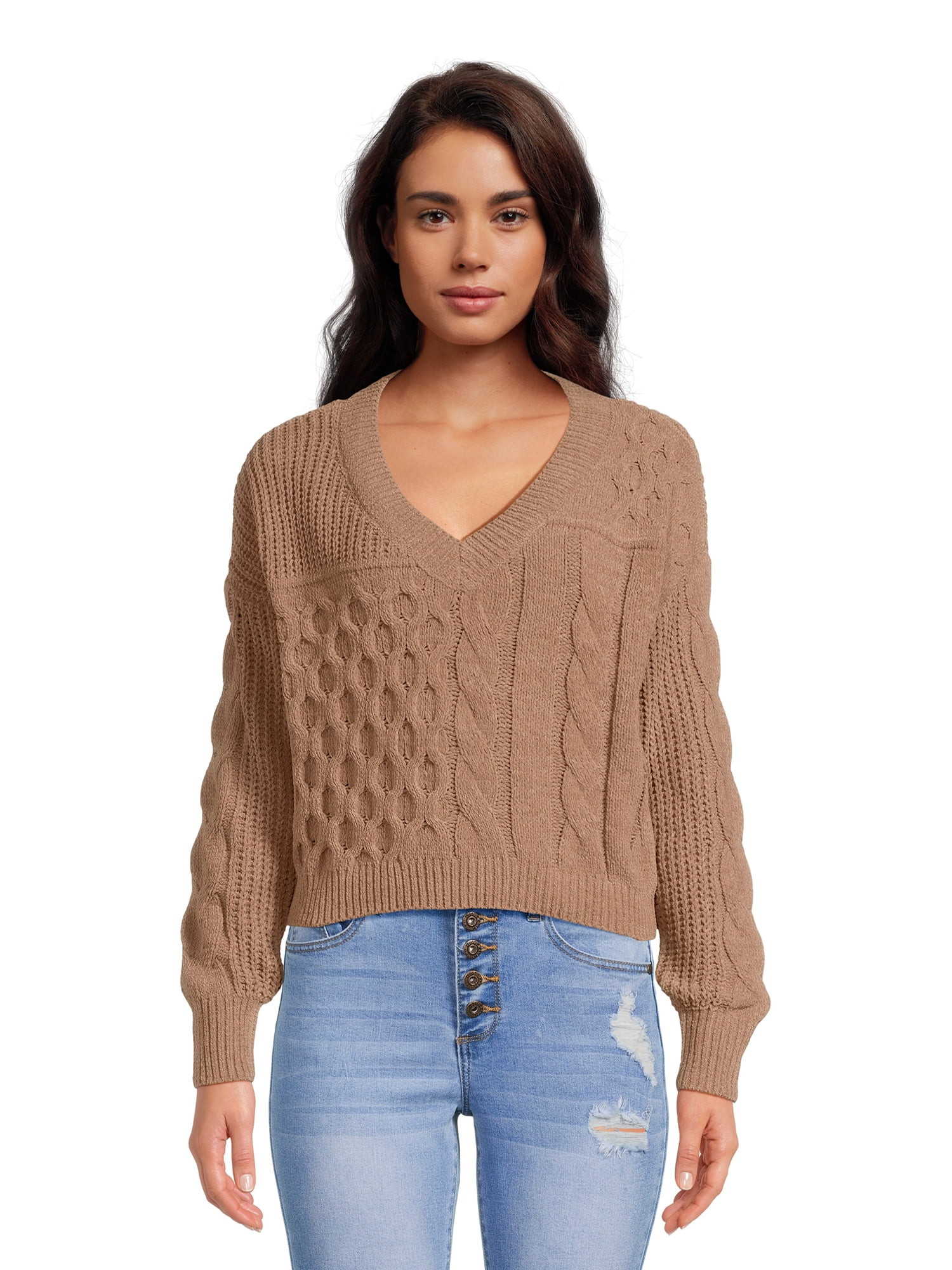 No Boundaries Juniors Patchwork Cable Knit Sweater, Midweight, Sizes XS-XXXL | Walmart (US)