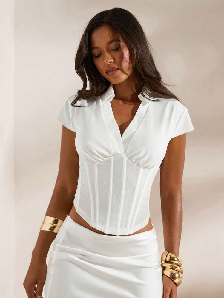 Opulessa Casual Women Solid Color Ruched Bust Short Sleeve Top Vacation, Casual, Holiday , Going Out White Elegant Top , Spring Summer, Festival, Elegant Party , Beach Vacation, Wedding Guest Sets, Formal Graduation, Work For Women | SHEIN
