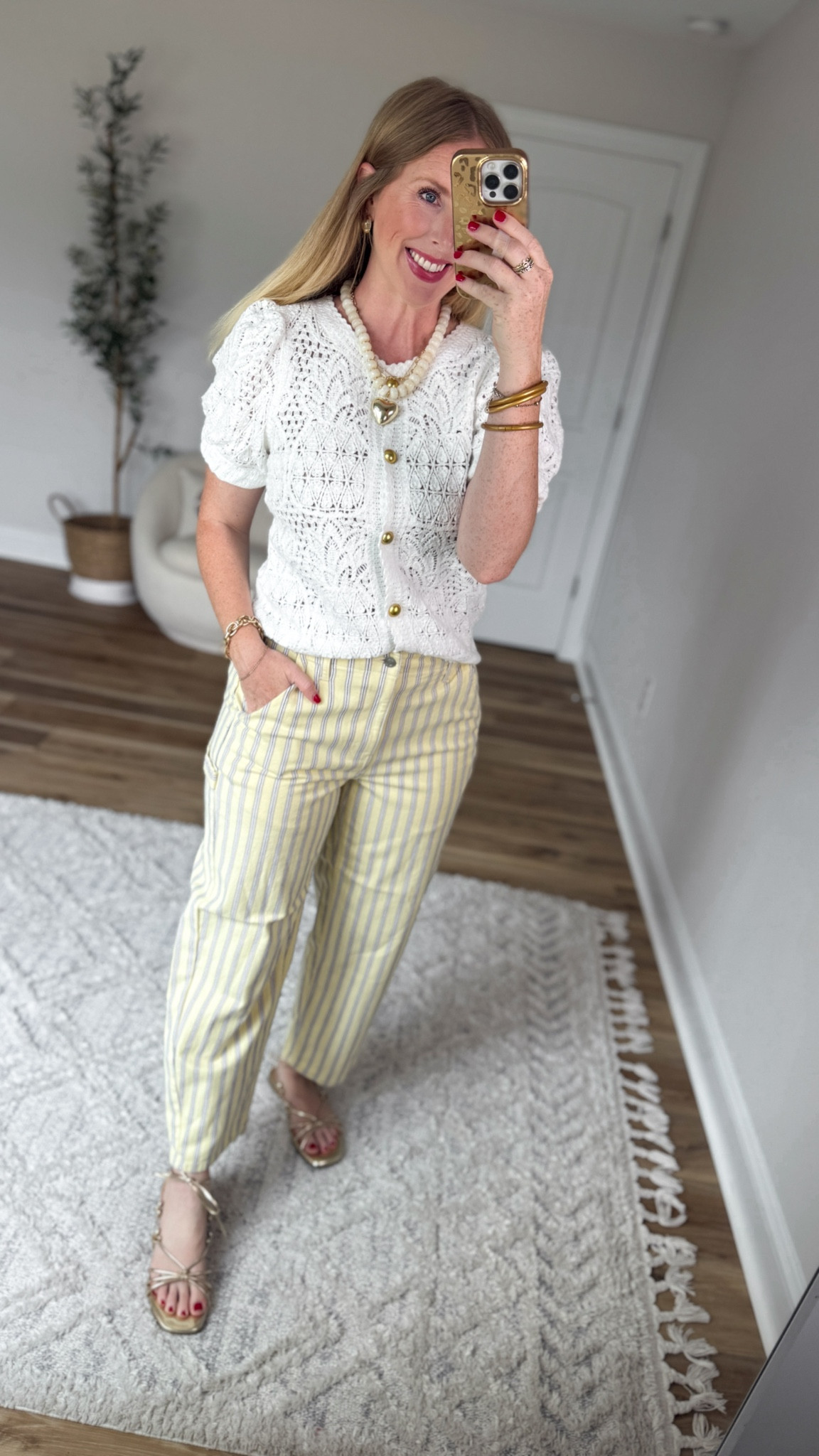 Daily try on, Walmart outfit, Walmart fashion, Walmart style, free assembly, yellow stripe jeans, pineapple crochet cardigan

#LTKootd #LTKmomlife