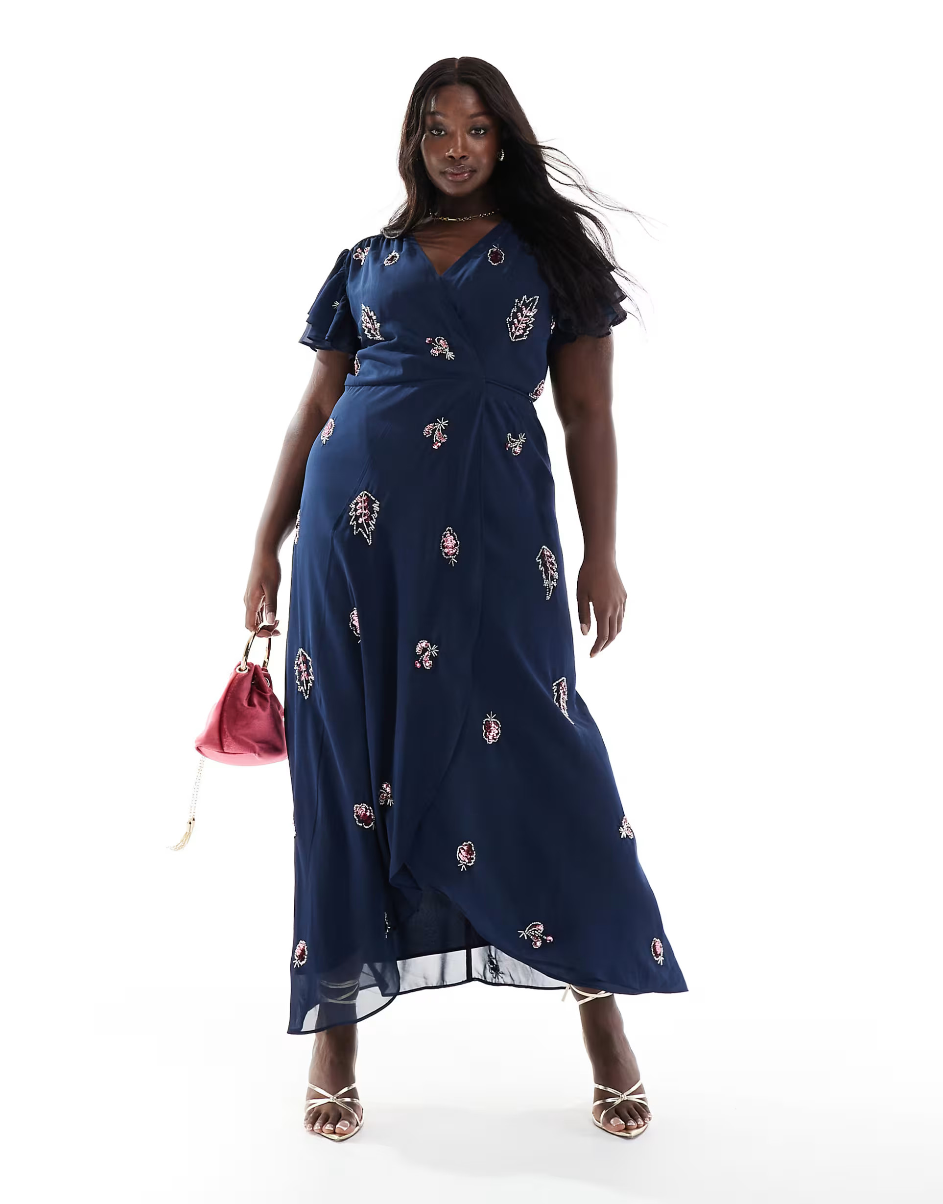 Hope & Ivy Plus embellished frill sleeve maxi wrap dress with tie waist in navy | ASOS (Global)