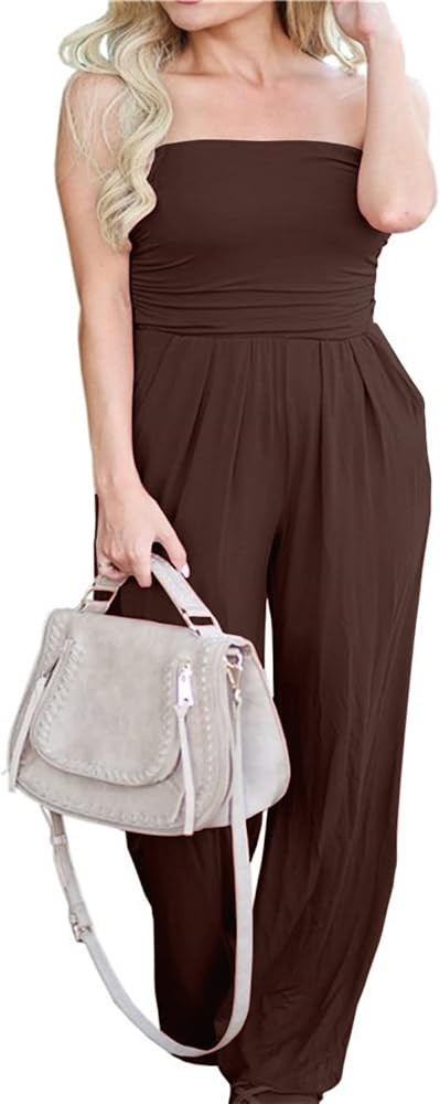 PRIMODA Women's Tube Top Strapless Off Shoulder Loose Wide Leg Jumpsuit Romper with Pockets | Amazon (US)