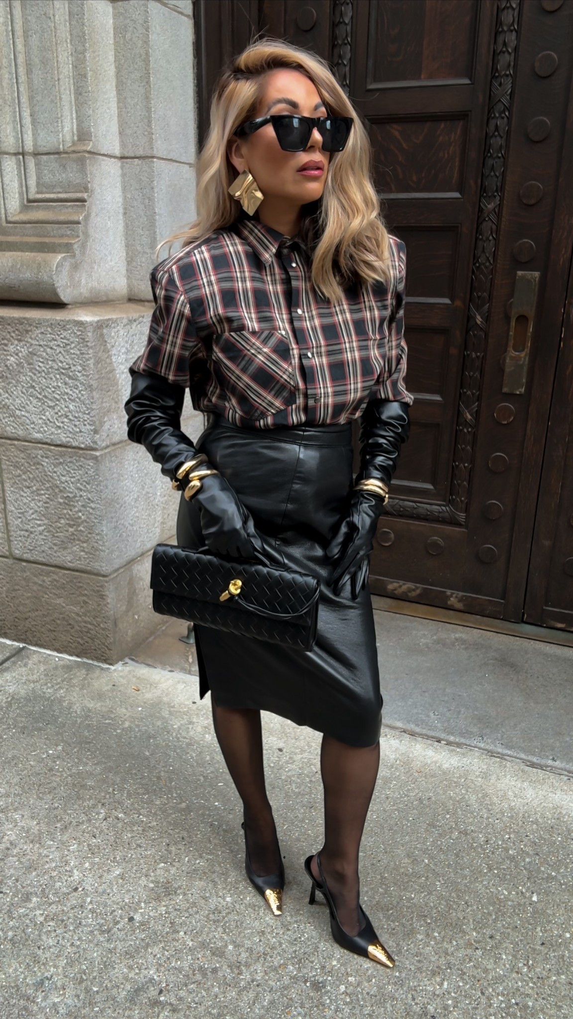 Fall outfit, plaid top, leather gloves, Bottega, ysl, pencil skirt, fall fashionn

#LTKootd #LTKOver40