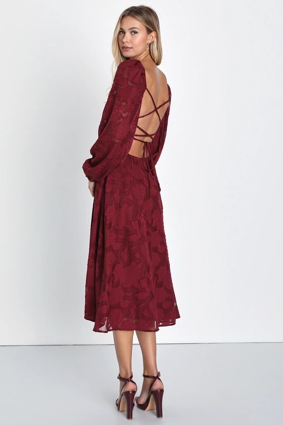 Flirtatious Nature Burgundy Floral Jacquard Lace-Up Midi Dress | Lulus (US)