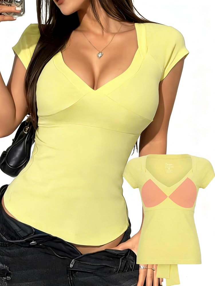 Danysu Tie Back Snatching Tops Padded Sexy V Neck T Shirt Cotton Cute Going Out Tee | Amazon (US)