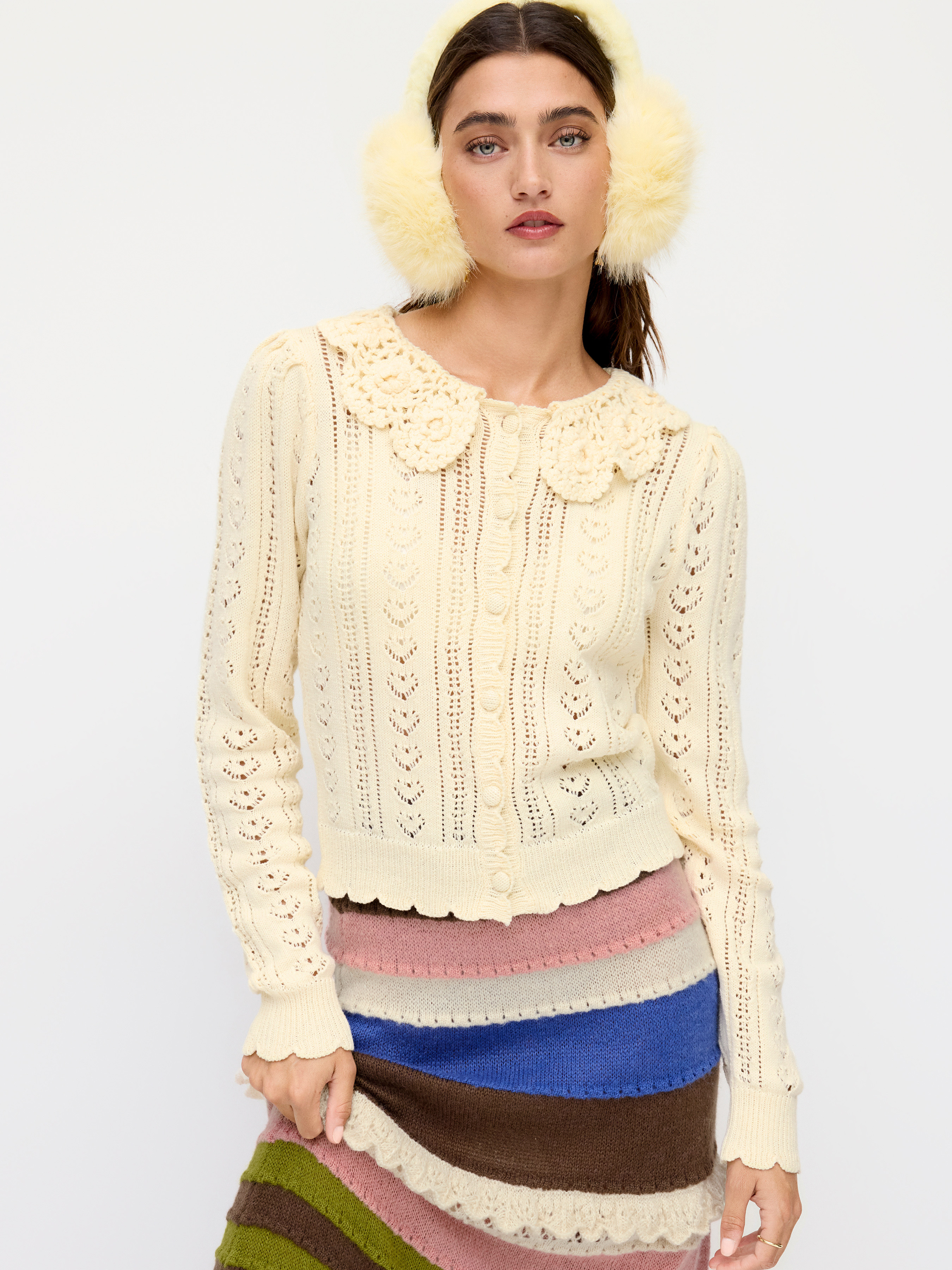 Crochet Crochet Peter Pan Collar Heart Hollow Out Button Long Sleeve Cardigan For Daily Casual | Cider