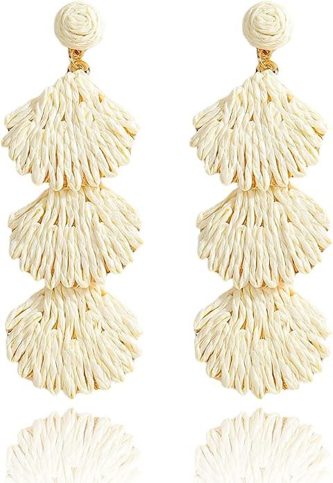 Raffia Earrings for Women, Handwoven Boho Rattan Shell Floral Ball Hoop Dangle Drop Earrings Ligh... | Amazon (US)