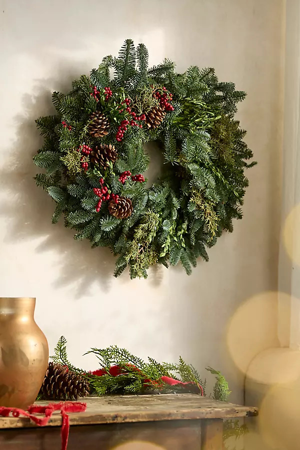 Fresh Evergreen + Red Berries Wreath | Anthropologie (US)