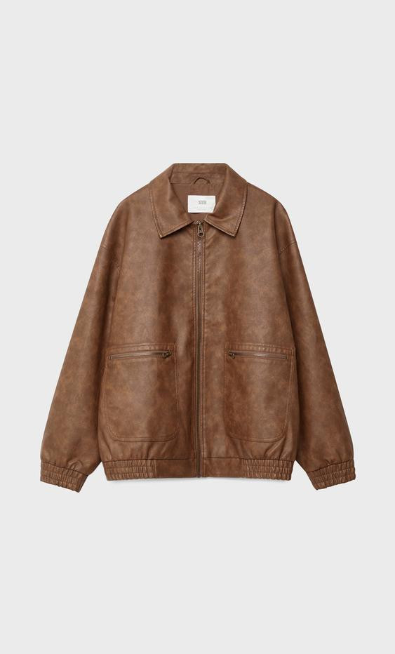 Oversize faux leather jacket with pockets - Women's fashion | Stradivarius United Kingdom | Stradivarius (UK)