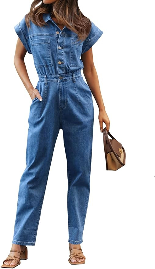 Tongmingyun Women's Cap Sleeve Denim Jumpsuit Button Down Straight Leg Jeans Long Pants Rompers w... | Amazon (US)