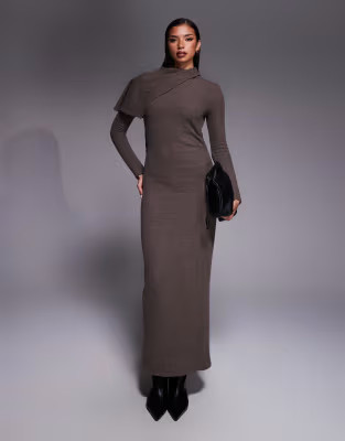 ASOS DESIGN supersoft long sleeve fold over cape detail midi dress in chocolate | ASOS | ASOS (Global)