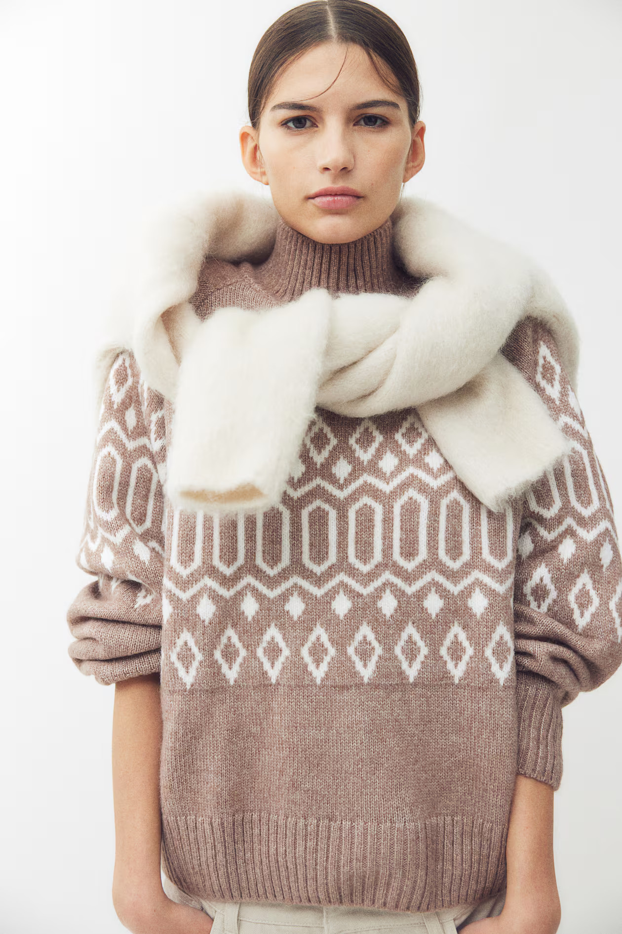 Jacquard-Knit Mock Turtleneck Sweater - Taupe melange - Ladies | H&M US | H&M (US + CA)