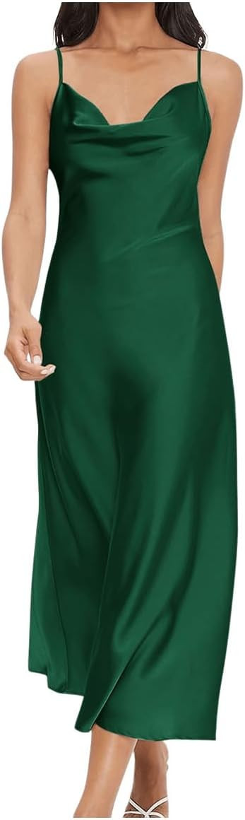 Floerns Women's Spaghetti Strap Cowl Neck Long Slip Satin Silk Midi Dress | Amazon (US)
