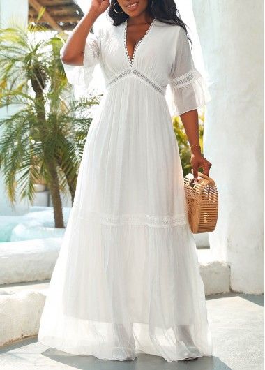 White Lace Three Quarter Length Sleeve Maxi Dress | modlily.com - USD 39.98 | modlily.com