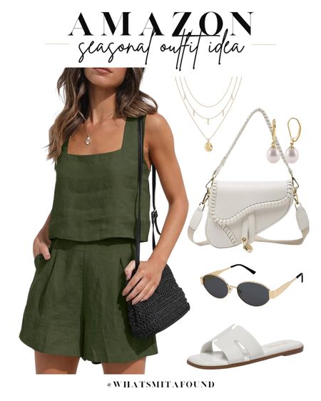 Amazon outfit idea, casual outfit idea, summer outfit idea, linen set, two piece set, two piece linen set, matching set, matching linen set, green linen set, green matching set, green two piece set, summer set, white sandals, slide sandals, trendy sandals, white purse, saddle bag, trendy purse, crossbody purse, gold sunglasses, trendy sunglasses, layered necklaces, pearl necklace, dainty necklaces, pearl hoops, pearl earrings 

#LTKFindsUnder50 #LTKItBag #LTKShoeCrush