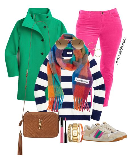 Plus size preppy fall outfit with hot pink corduroy jeggings, bright green coat, and rugby stripe sweater. Plus size preppy, plussize preppy, fall preppy, Alexa Webb, Gucci sneakers, plus size pink pants, plus size pink jeans 

#LTKSeasonal #LTKcurves #LTKshoecrush