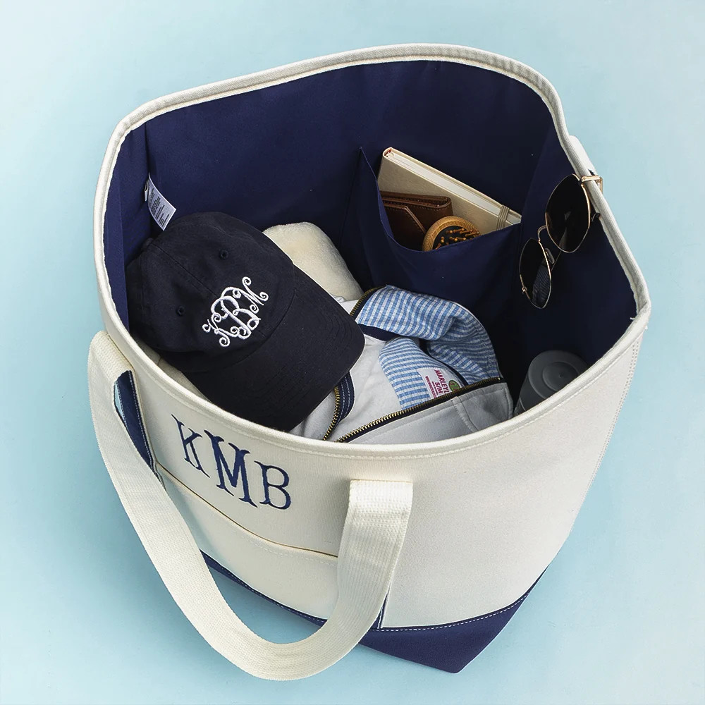 Monogrammed Large Canvas Tote | Ivory/Navy | Marleylilly