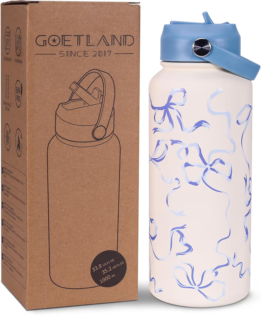 Goetland Ribbon Water Bottle with Straw Lid 32 oz Stainless Steel Wide Mouth Vacuum Double Insula... | Amazon (US)