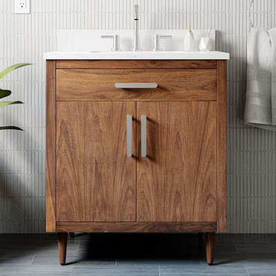 Origin 21 Kapolei 30-in Warm Walnut Undermount Single Sink Bathroom Vanity with Engineered Carrar... | Lowe's