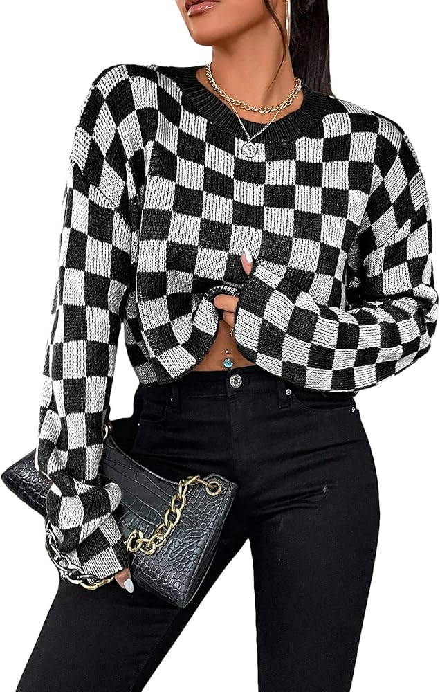 SOLY HUX Women's Checkered Sweater Long Sleeve Ribbed Knit Drop Shoulder Pullover Crop Tops | Amazon (US)